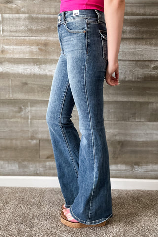 Judy Blue Denim High Waist Tinted Flare Jeans with Flap Back Pockets and Double Buttons JB82630REG MD