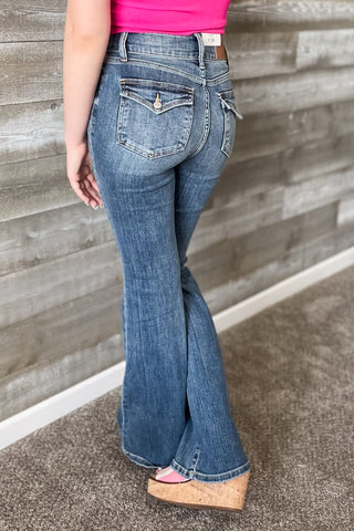 Judy Blue Denim High Waist Tinted Flare Jeans with Flap Back Pockets and Double Buttons JB82630REG MD