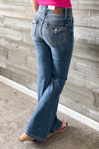 Judy Blue Denim High Waist Tinted Flare Jeans with Flap Back Pockets and Double Buttons JB82630REG MD
