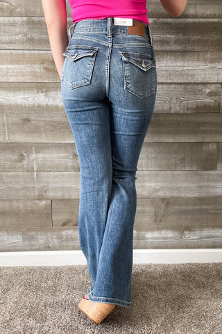 Judy Blue Denim High Waist Tinted Flare Jeans with Flap Back Pockets and Double Buttons JB82630REG MD