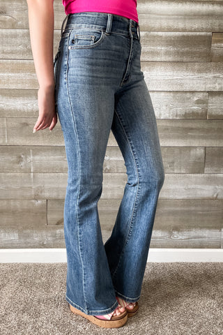 Judy Blue Denim High Waist Tinted Flare Jeans with Flap Back Pockets and Double Buttons JB82630REG MD