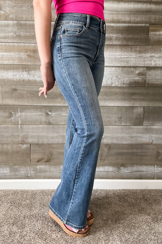Judy Blue Denim High Waist Tinted Flare Jeans with Flap Back Pockets and Double Buttons JB82630REG MD