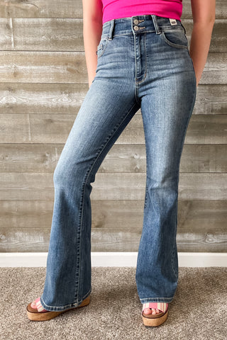 Judy Blue Denim High Waist Tinted Flare Jeans with Flap Back Pockets and Double Buttons JB82630REG MD