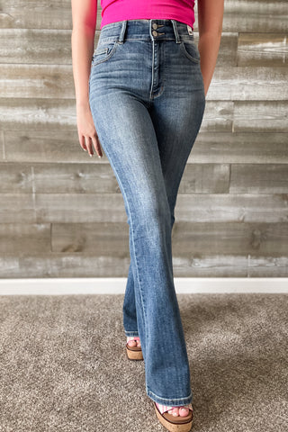 Judy Blue Denim High Waist Tinted Flare Jeans with Flap Back Pockets and Double Buttons JB82630REG MD