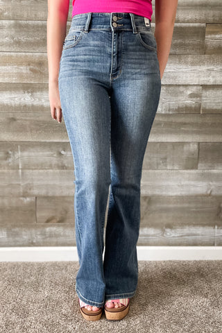 Judy Blue Denim High Waist Tinted Flare Jeans with Flap Back Pockets and Double Buttons JB82630REG MD