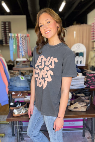 Poppy & Pine Jesus Loves You Smiley Puff Tee with tan raised puff ink lettering and smiley face, worn untucked