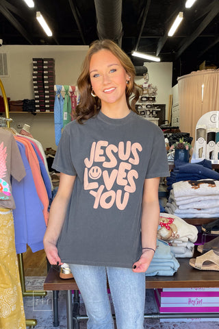 Poppy & Pine Jesus Loves You Smiley Puff Tee in charcoal with tan puff ink lettering, front view