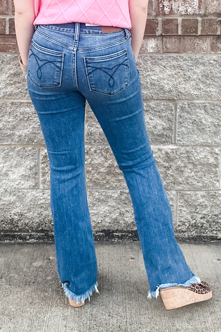 Judy Blue HIgh Waist Bootcut Jeans Fray Hem Medium Wash Denim with Double Button waistband JB82686