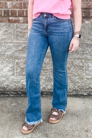 Judy Blue HIgh Waist Bootcut Jeans Fray Hem Medium Wash Denim with Double Button waistband JB82686