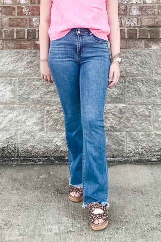 Judy Blue HIgh Waist Bootcut Jeans Fray Hem Medium Wash Denim with Double Button waistband JB82686