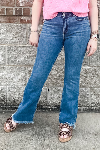 Judy Blue HIgh Waist Bootcut Jeans Fray Hem Medium Wash Denim with Double Button waistband JB82686