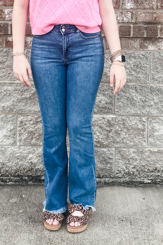 Judy Blue HIgh Waist Bootcut Jeans Fray Hem Medium Wash Denim with Double Button waistband JB82686