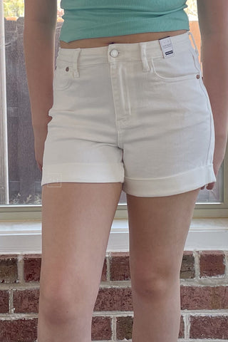 Judy Blue White High Waist Double Roll Cuffed Denim Jean Shorts JB150305 WHT