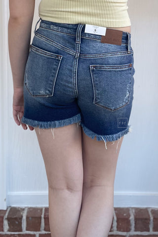 Judy Blue 2-Button Destroyed Medium Wash Dad Denim Jean Cut Off Shorts JB152103 MD