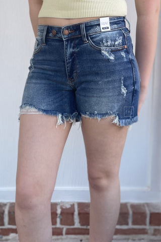 Judy Blue 2-Button Destroyed Medium Wash Dad Denim Jean Cut Off Shorts JB152103 MD