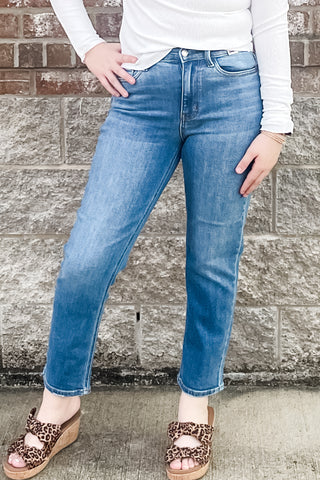 Judy Blue High Waist Ankle Length Straight Leg Jeans Medium Wash Denim JB82714REG MD