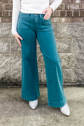 Judy Blue Teal Mid Rise Utility Wide Leg Jeans JB881061REG JB881061PL