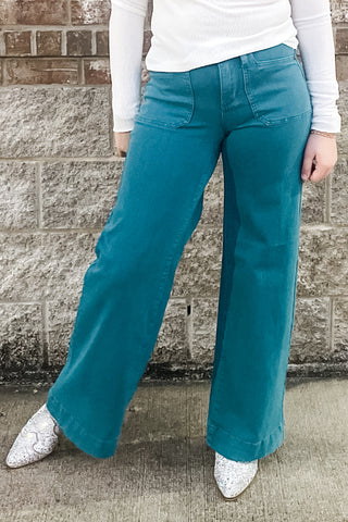 Judy Blue Teal Mid Rise Utility Wide Leg Jeans JB881061REG JB881061PL