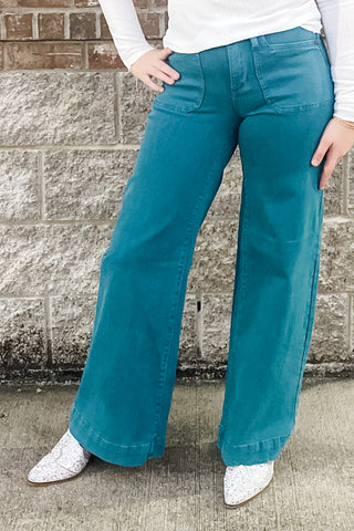 Judy Blue Teal Mid Rise Utility Wide Leg Jeans JB881061REG JB881061PL
