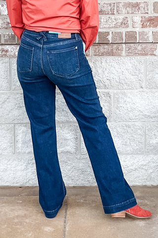 Judy Blue High Waist Trouser Wide Leg Jeans Short Petite Friendly, Regular, Long & Tall Inseam JB82678 dk