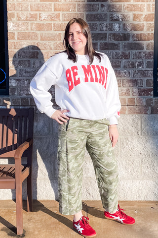 Lulu Mac Red Be Mine Puff Lettered White Valentine Cozy Sweatshirt