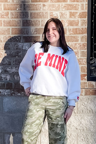 Lulu Mac Red Be Mine Puff Lettered White Valentine Cozy Sweatshirt
