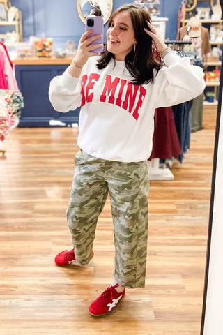 Lulu Mac Red Be Mine Puff Lettered White Valentine Cozy Sweatshirt