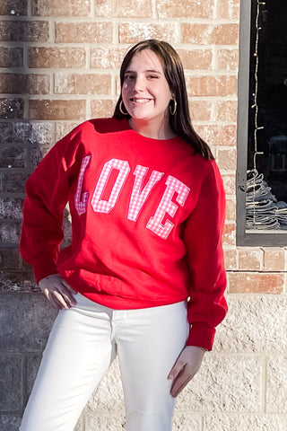 Lulu Mac Bright Red Valentine's Sweatshirt Pink Gingham LOVE lettering