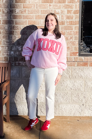 Lulu Mac Pink Oversized Valentine Sweatshirt with Red Gingham XOXO Lettering