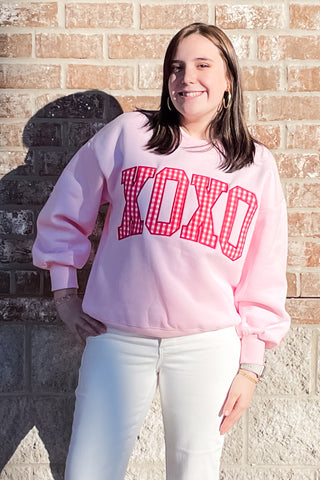 Lulu Mac Pink Oversized Valentine Sweatshirt with Red Gingham XOXO Lettering