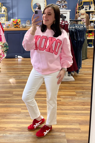 Lulu Mac Pink Oversized Valentine Sweatshirt with Red Gingham XOXO Lettering