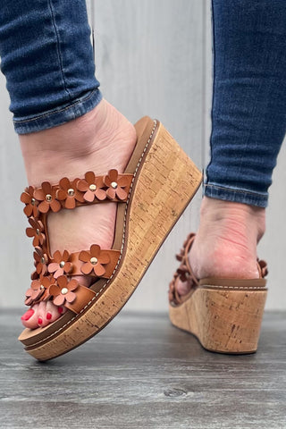 Corkys Footwear Mic Drop Wedge Sandal with Daisy Flower Details in Cognac Brown