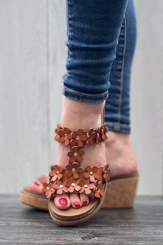 Corkys Footwear Mic Drop Wedge Sandal with Daisy Flower Details in Cognac Brown