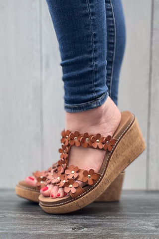 Corkys Footwear Mic Drop Wedge Sandal with Daisy Flower Details in Cognac Brown