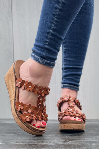 Corkys Footwear Mic Drop Wedge Sandal with Daisy Flower Details in Cognac Brown