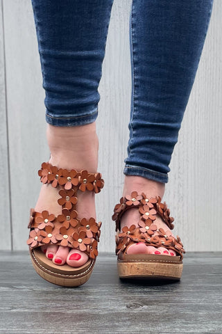 Corkys Footwear Mic Drop Wedge Sandal with Daisy Flower Details in Cognac Brown