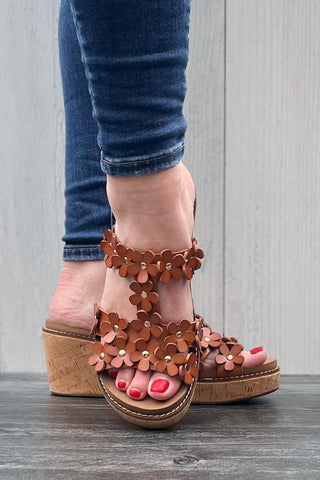 Corkys Footwear Mic Drop Wedge Sandal with Daisy Flower Details in Cognac Brown