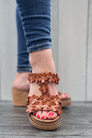 Corkys Footwear Mic Drop Wedge Sandal with Flower Details in Cognac Brown