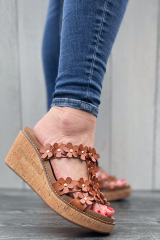 Corkys Footwear Mic Drop Wedge Sandal with Daisy Flower Details in Cognac Brown