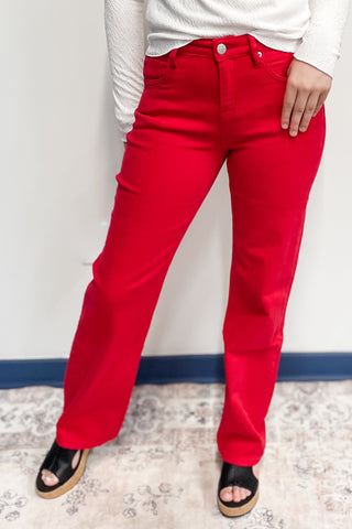mica denim high rise loose fit straight leg lava red jeans mdp-t3573