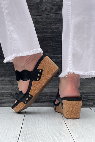 Corkys Footwear Obviously Black Scalloped Double Strap Wedges