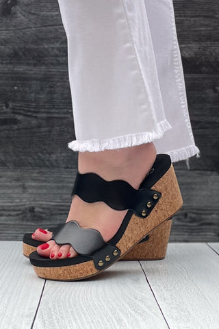 Corkys Footwear Obviously Black Scalloped Double Strap Wedges