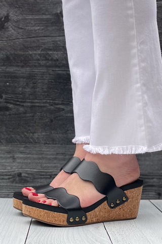 Corkys Footwear Obviously Black Scalloped Double Strap Wedges