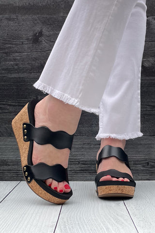 Corkys Footwear Obviously Black Scalloped Double Strap Wedges