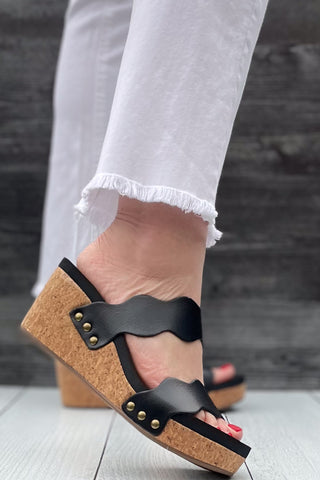 Corkys Footwear Obviously Black Scalloped Double Strap Wedges