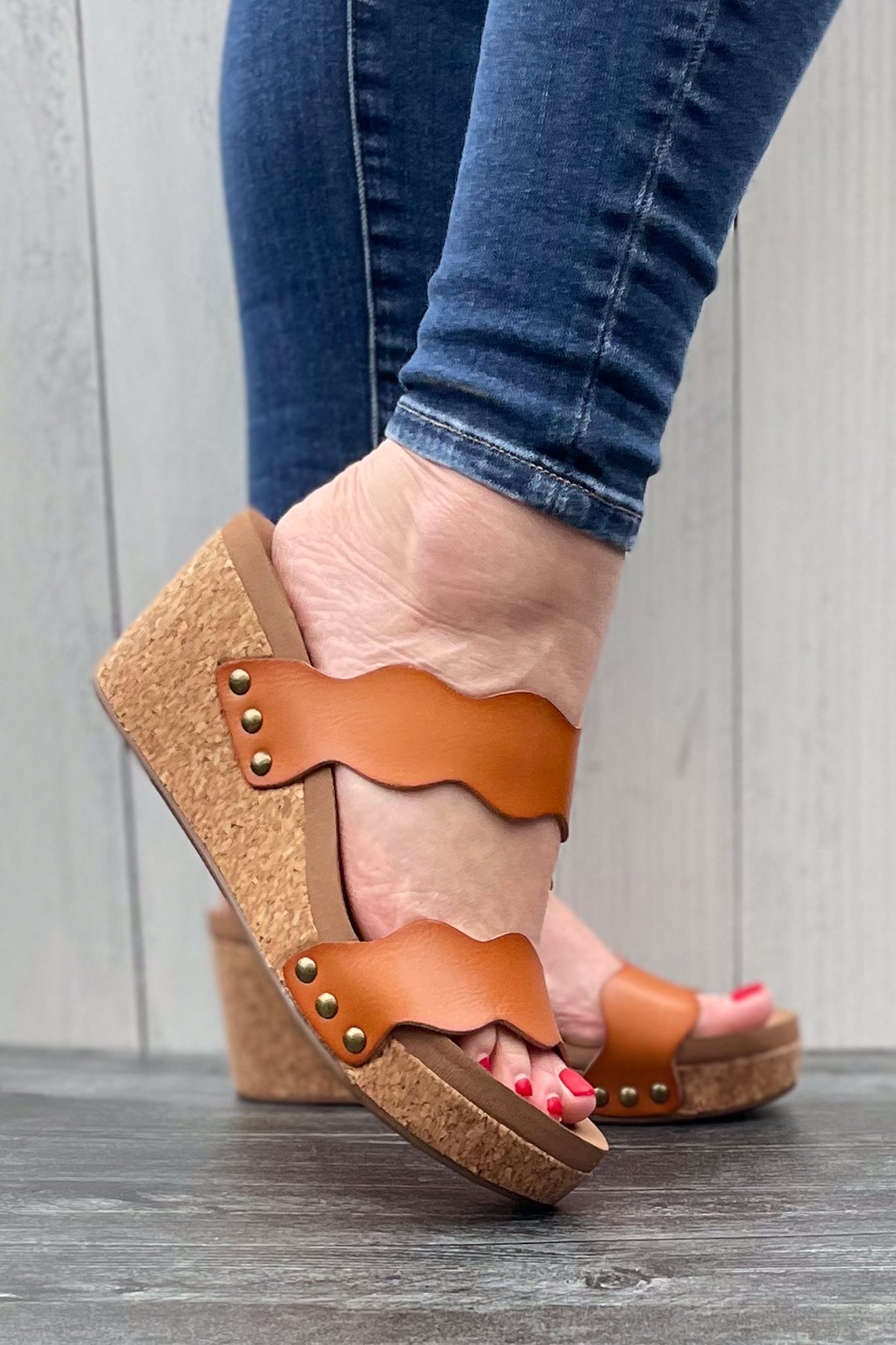 Corkys Footwear Obviously Scalloped Double Strap Wedges Cognac