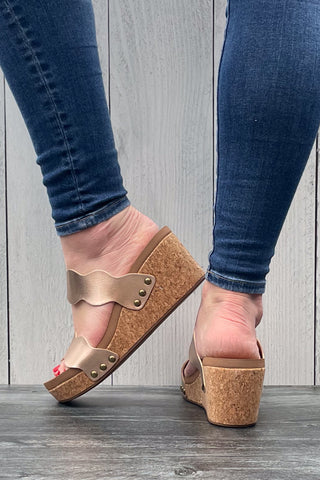 Corkys Footwear Obviously Scalloped Double Strap Wedges in Rose Gold