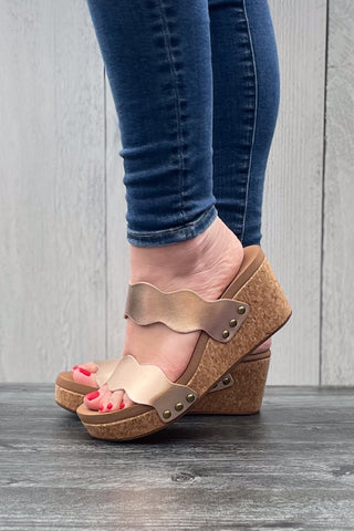 Corkys Footwear Obviously Scalloped Double Strap Wedges in Rose Gold