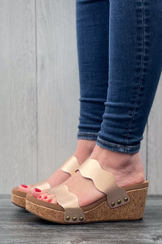 Corkys Footwear Obviously Scalloped Double Strap Wedges in Rose Gold