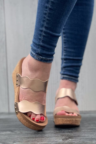 Corkys Footwear Obviously Scalloped Double Strap Wedges in Rose Gold